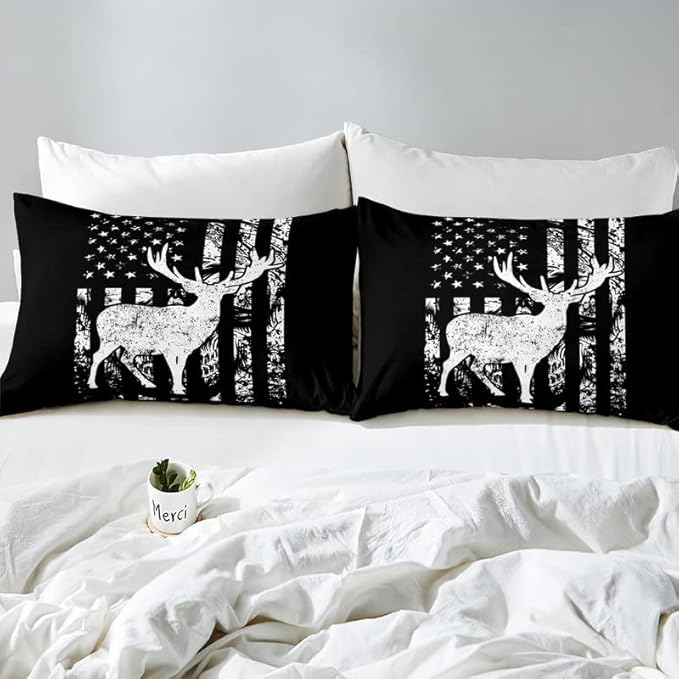 Feelyou America Flag Duvet Cover Set Deer Silhouette Comforter Cover Country Style Bedding Set 1 Duvet Cover & 2 Pillowcases