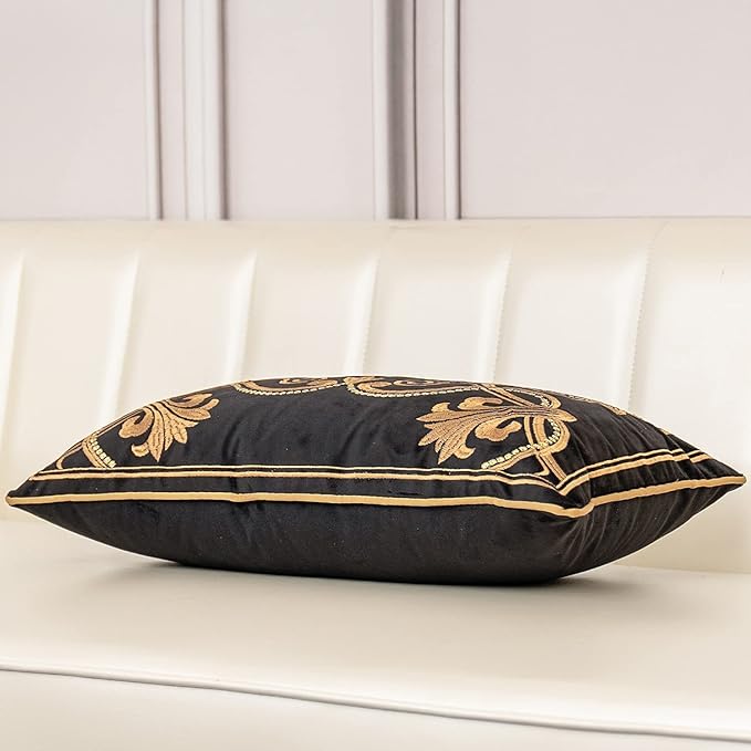 Aeckself European Floral Pillow Cover 12x20 Inch, Luxury Velvet Embroidered Decorative Lumbar Throw Pillow Cover for Couch Bedroom Living Room, Black and Gold