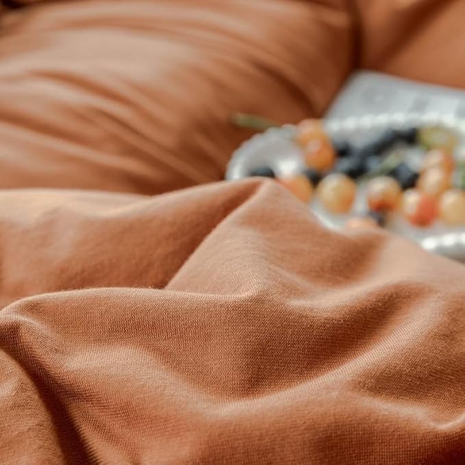 AMWAN Pumpkin Caramel Jersey Knit Cotton Duvet Cover Rust Color Comforter Cover Terracotta Bedding Sets Simple Style 1 Full Duvet Cover with 2 Pillowcases, Full(80''x90'')