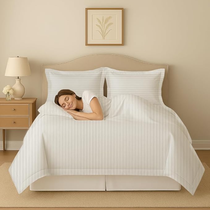 eBeddy Linens White Striped Duvet Cover Set Super King 98x108 Size Egyptian Cotton Luxury Soft & Breathable Comforter Cover with Hidden Zipper Closer & Corner Ties Durable and Fade Resistant