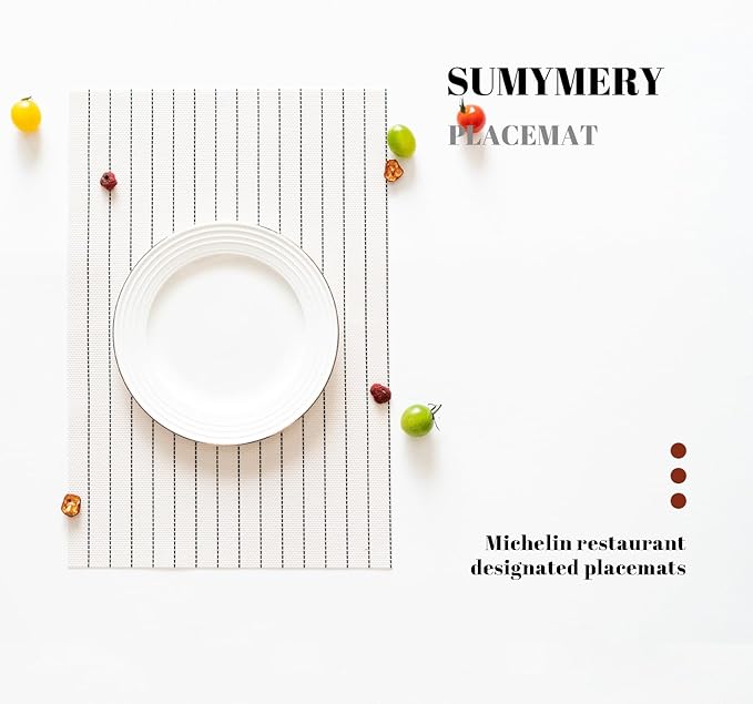 Placemats Set of 12 Vinyl/Plastic Woven Place Mats for Kitchen Table Indoor/Outdoor Washable Placemat Wipeable Dining Table Mats (White Stripes,12)