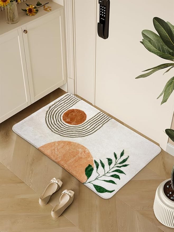 17''x24 Boho Bath Rugs for Bathroom Decor Non-Slip Bath Mat Absorbent Plush Microfiber Soft Carpet Machine Washable Bath Mat for Bathrooms,Showers,Laundry Rooms,White and Green