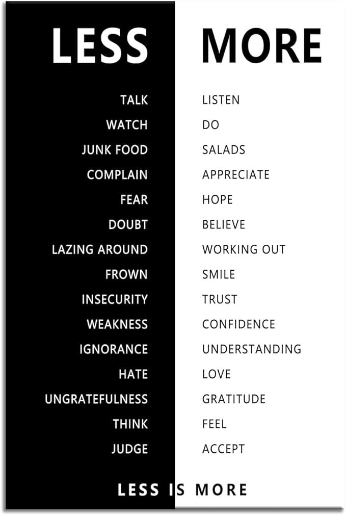 Less is More Inspirational Print Wall Art for Office Less and More Motivational Picture Inspiring Poster Painting Modern Artwork for Home Bedroom Living Room Office Decor Frame[12''W X 18''H]