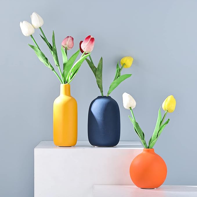 Cute Vase Matte Ceramic vases set of 3 Orange, Modern Boho Vases for Decor small vase,Centerpiece Table Decor japandi home decor Minimalist vase for Décor Room,Entryway, Bookshelf, Mantel, Shelf Décor