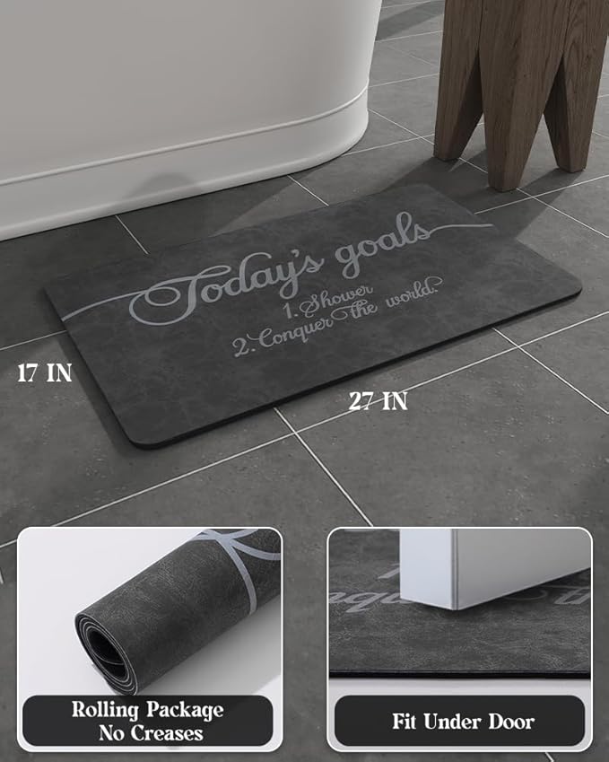 MontVoo -Bath Mat Rug- Non Slip Quick Dry Absorbent Thin Bathroom Rugs Fit Under Door-Faux Suede Surface Bathroom Floor Mats-Shower Rug for in Front of Bathtub Shower 17 X27.5 Dark Grey Text Pattern