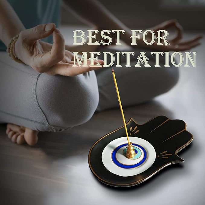 Ceramic Hamsa Hand Incense Holder - 2 in 1 Brass Incense Holder for Sticks and Coil Incense- Zen Decor with Hand of Fatima Design Protection from Evil - 6.2" L X 4.5" W (Blackeye)