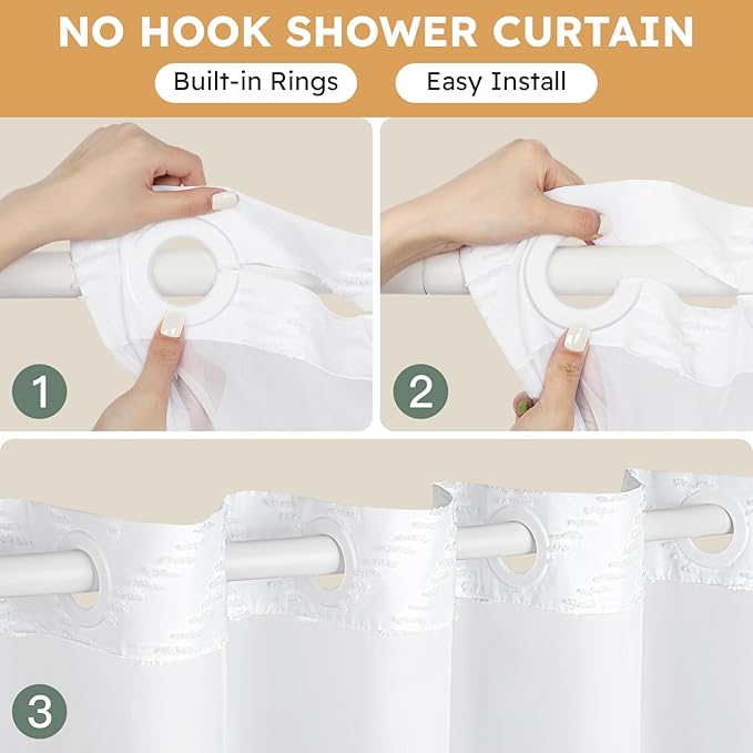 No Hook Shower Curtain and Snap in Liner Set White Tufted Chevron Striped Cloth Waterproof Washable Fabric Boho Farmhouse Bath Curtain See Through Mesh Top Window for Bathroom Hotel 71" x 86"