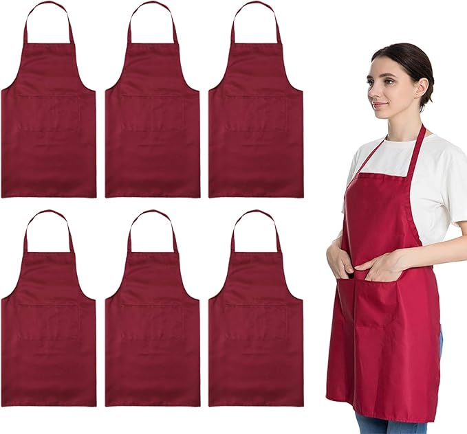 Total 6PCS Deep Red Bib Apron for Women Adult Unisex Durable Comfortable with 2 Front Pockets Washable Chef Aprons for Cooking Baking Kitchen Restaurant Crafting Painting.
