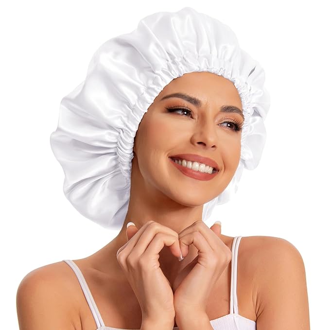 Satin Bonnet Silk Bonnet Hair Bonnet for Sleeping-Slouchy Beanie Hat Satin Sleep Cap for Women's Natural & Curly Hair(New White)