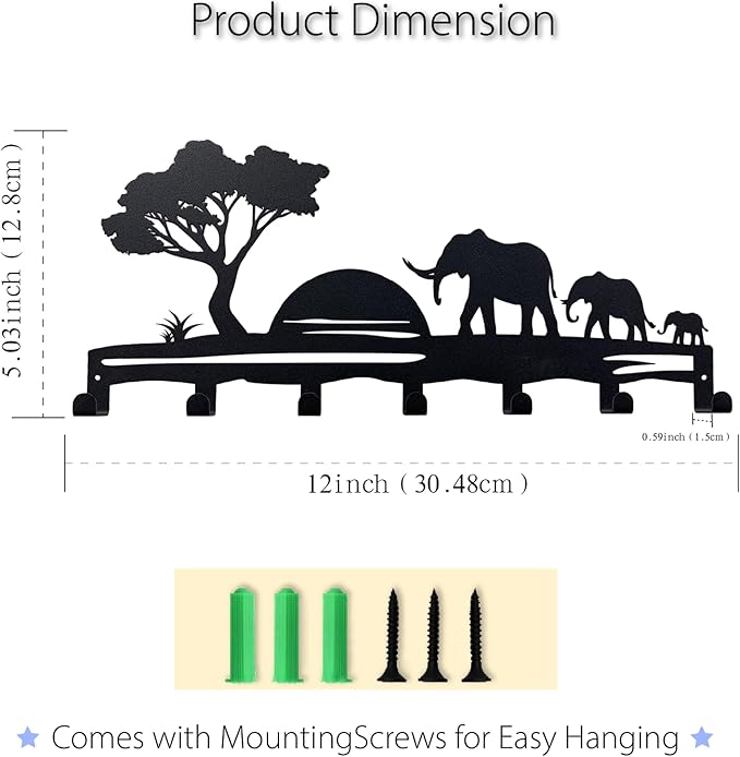 Elephant Family Metal Key Hook Rack - African Savannah Sunset Wall Decor - Practical and Artistic Key Organizer, Hallway, Kitchen, Office