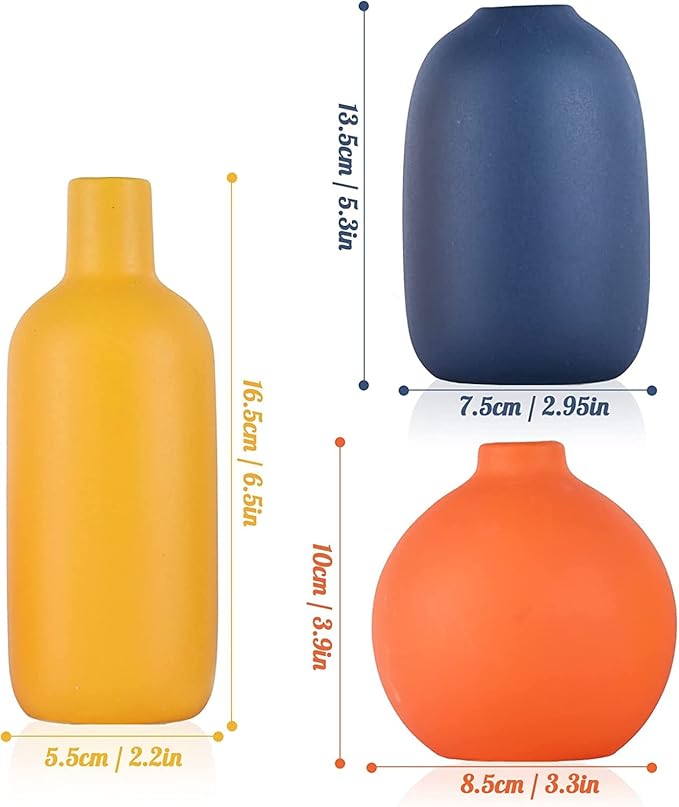 Cute Vase Matte Ceramic vases set of 3 Orange, Modern Boho Vases for Decor small vase,Centerpiece Table Decor japandi home decor Minimalist vase for Décor Room,Entryway, Bookshelf, Mantel, Shelf Décor