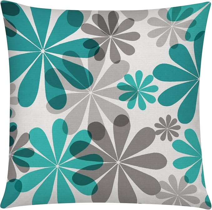 COMMINY Teal Grey Pillow Covers 16x16 Set of 6 Decorative Daisy Flower Throw Pillow Cover for Couch Modern Turquoise Pillow Case for Patio Living Room Cushion Bed Farmhouse Home Decor
