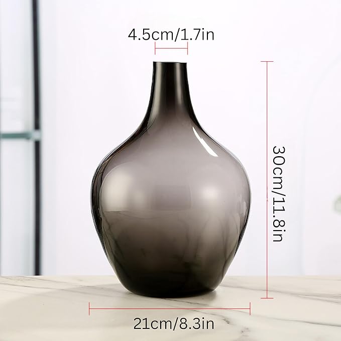 Gray Black Glass Vase, Decorative Vase, Jarrones Decorativos Para Sala, Big Glass Jar Balloon Demijohn Shaped, Tall Large, Colored Glass Vase For Plants Branches, Modern Living Room Décor, Size Medium