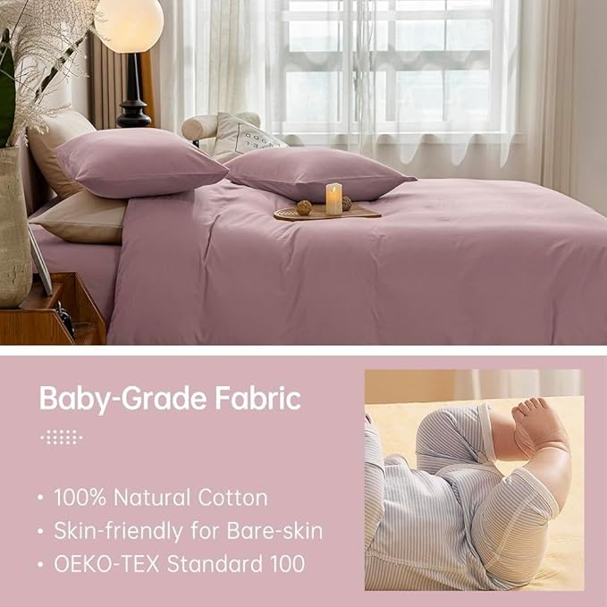 JELLYMONI Cotton Duvet Cover Queen Size - 100% Washed Cotton Linen Feel Textured Comforter Cover, 3 Pieces Breathable Soft Bedding Set with Zipper Closure (Dusty Pink, Queen 90"x90")