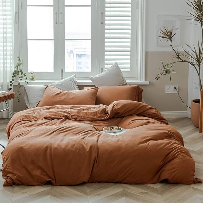 AMWAN Jersey Knit Cotton Solid Pumpkin Color Luxury Soft Comforter Cover Twin Size 3 Piece Bedding Set 1 Duvet Cover 2 Pillowcases Twin Duvet Cover Set
