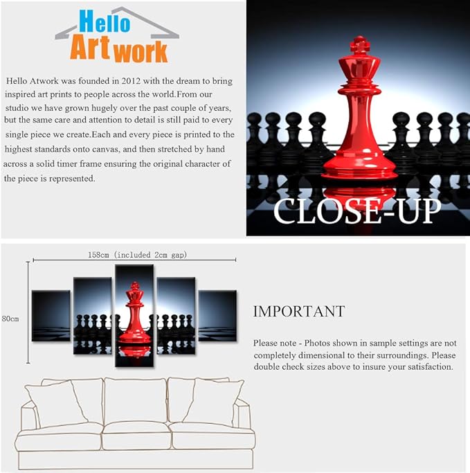 iHAPPYWALL Large 5 Pieces Modern Black And Red King And Knight Chess Pictures Print Canvas Wall Art for Home Chess Game RoomLiving Room Decor Ready To Hang