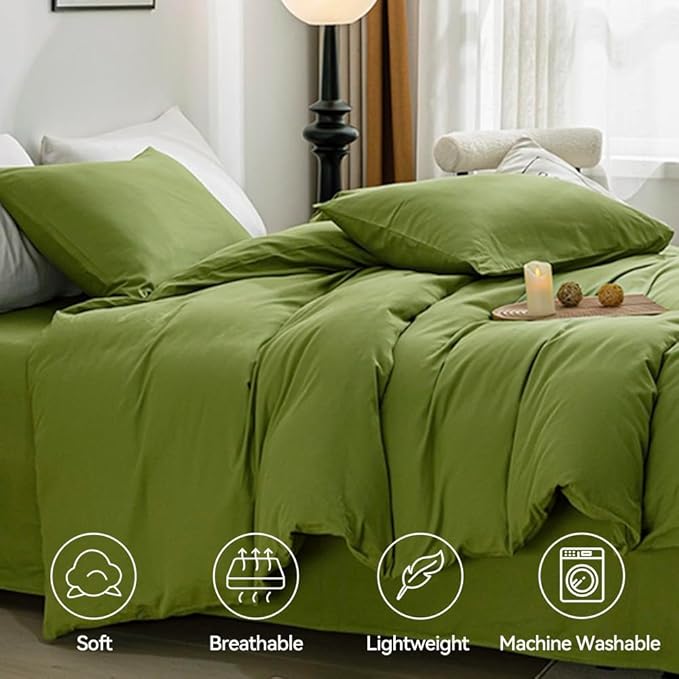 JELLYMONI Bedding Duvet Cover California King - 100% Washed Cotton Linen Like Textured Comforter Cover, 3 Pieces Soft Cooling Bedding Set with Zipper Closure (Avocado Green, Calking 104"x98")