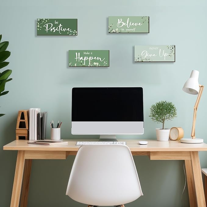 4 Pcs Green Office Decor For Women Motivational Wall Decor Inspirational Green Office Wall Decor With Positive Sayings Wooden Hangings for Home Bathroom Bedroom Kitchen(10x4")