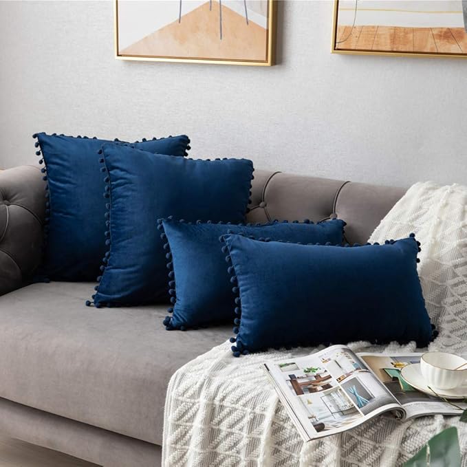 DEZENE 12x20 Throw Pillow Covers Dark-Blue: 2 Pack Cozy Soft Pom-poms Velvet Rectangular Decorative Pillow Cases for Farmhouse Home Decor