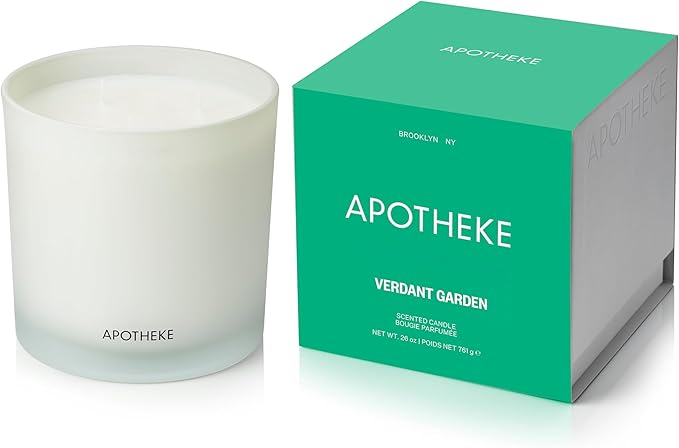 Apotheke 3-Wick Scented Candles for Home, Verdant Garden - 26 oz Soy Wax Jar Candle Gift for Women - Long-Lasting Fragrance with Perfume-Grade Essential Oils - Cedarwood, Jasmine, Fig & Coconut