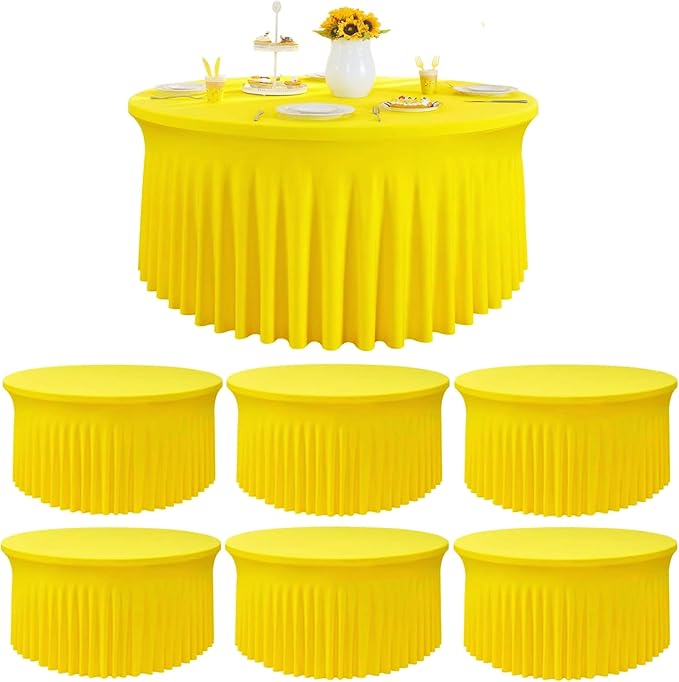 Outpain 6 Pack Spandex Yellow Round Tablecloths for 60in Tables, 120Inch Stretchy Fitted 5FT Round Table Clothes,Wrinkle Free Table Cover with Skirt for Wedding Party Dining Banquet