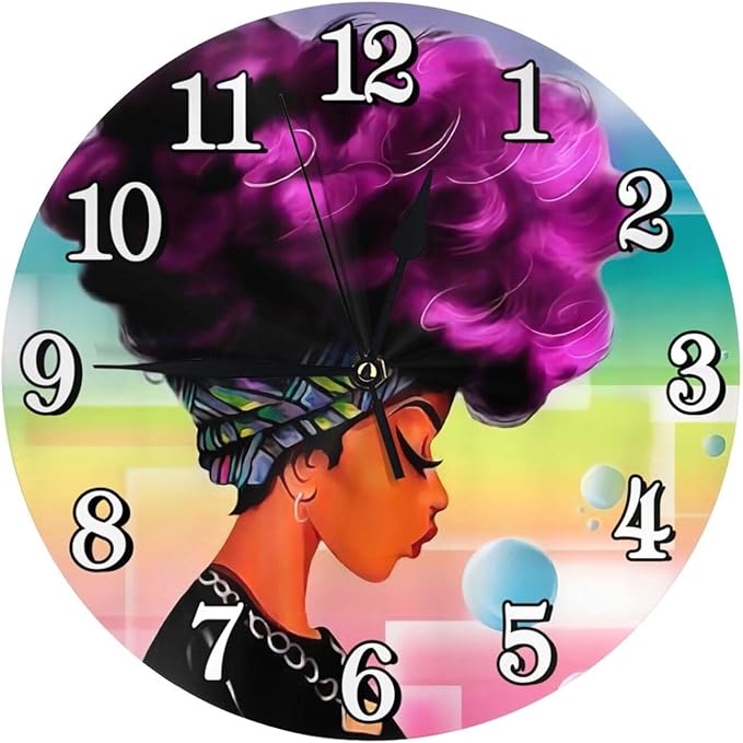 African American Girl Wall Clock Battery Operated Silent Round Clock Afro Black Woman Wall Decor for Home Office School, 12 Inch