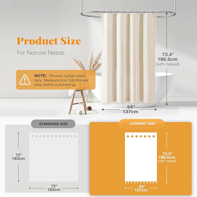 BTTN Stall Fabric Shower Curtain - 54x72 Inches Boho Linen Weighted Striped Shower Curtain Set with 10 Hooks, Narrow Rustic Modern Farmhouse Neutral Thick Shower Curtains for Bathroom - Cream/Beige