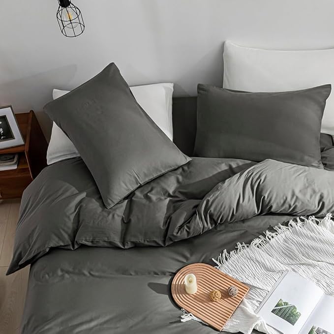 JELLYMONI Gray Duvet Cover King Size - 100% Washed Cotton Linen Like Textured Comforter Cover, 3 Pieces Lightweight Soft Bedding Set with Zipper Closure (Dark Gray, King 104"x90")
