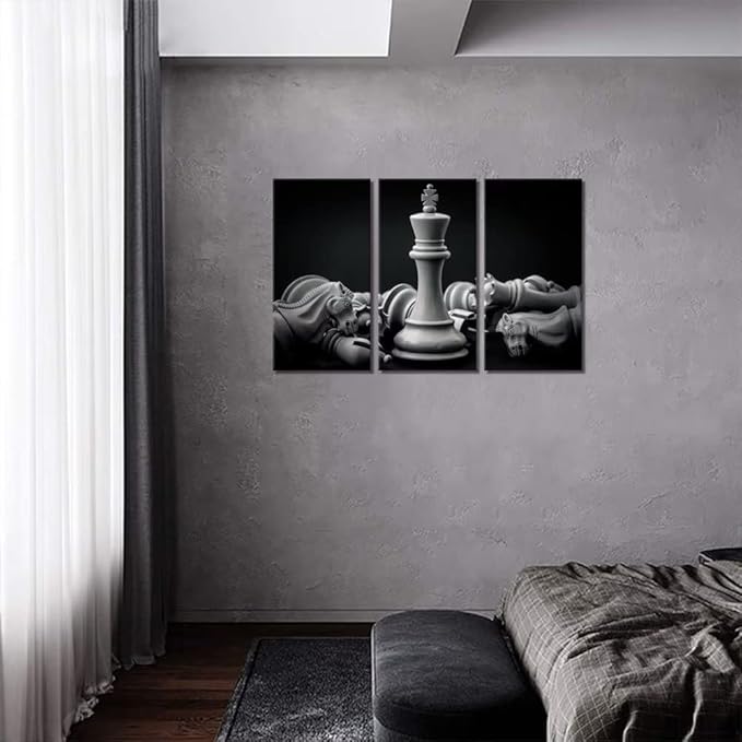 King and Knight of Chess Setup on Canvas Wall Art Paintings Pictures Prints Poster Artworks for Living Room Game Room Office Wall Decor 3 Piece Blak and White Framed Ready to Hang
