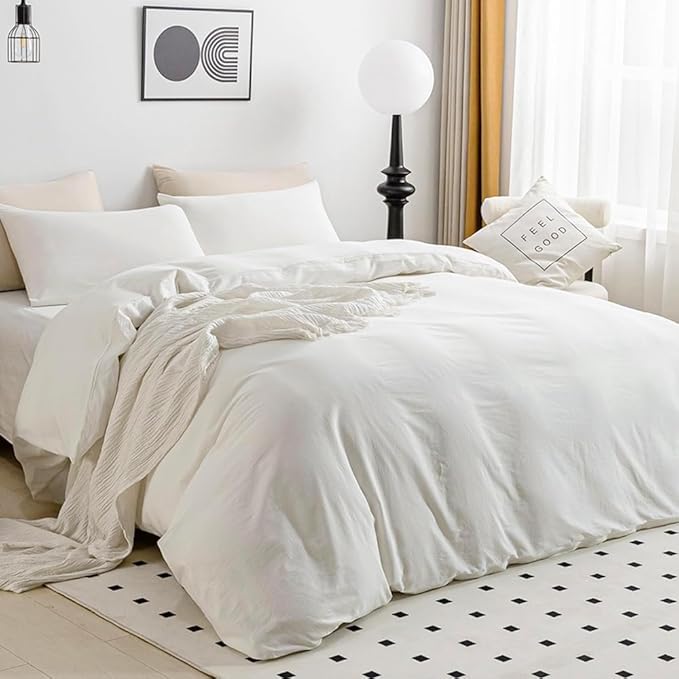 JELLYMONI Cotton Duvet Cover Twin Size - 100% Washed Cotton Linen Like Textured Comforter Cover, 2 Pieces Breathable Soft Bedding Set with Zipper Closure (Cream White, Twin 68"x90")