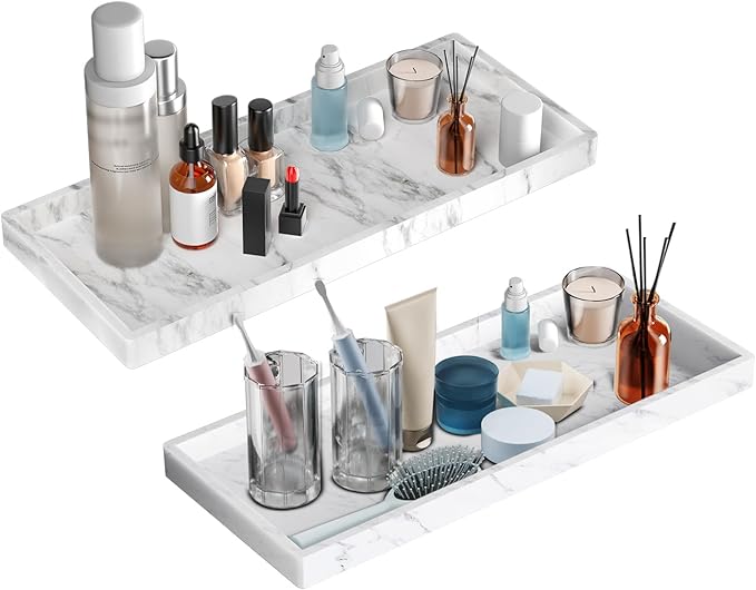 BBK Bathroom Vanity Tray 11.8 in- 2 Pack(Large) Silicone Bathroom Tray for Counter, Perfume Key Trinket Ring Tray, Decor Soap Dispenser Countertop Tray for Kitchen Sink Organization(Faux Marble Look)