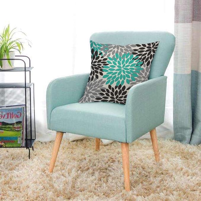 AOYEGO Dahlia Pinnata Floral Throw Pillow Cover Round Circle Elegant Gray Cyan Black Petal Randomly Spot Flower Pillow Case 18x18 Inch Decorative Men Women Room Cushion Cover for Home Couch