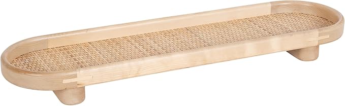 Kate and Laurel Planche Decorative Capsule Woven Tray with Solid Wood Frame, 27 x 8, Natural Brown, Modern Slim Wood Rectangle Serving Tray for Living Room