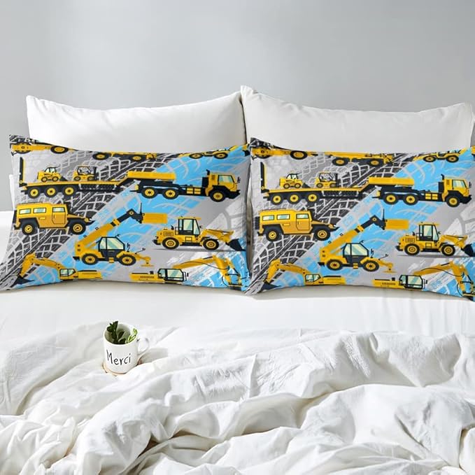 Feelyou Construction Duvet Cover Set Excavator Tractor Truck Comforter Cover for Kids Boys Girls Construction Vehicle Bedding Set 1 Duvet Cover & 1 Pillowcase