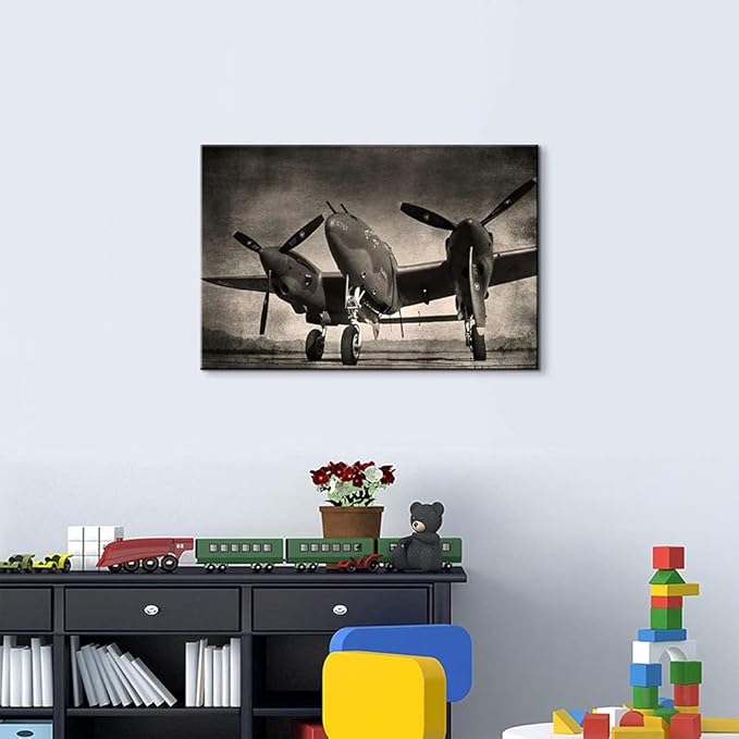 Mistyefly Aviation Decor Lockheed P-38 Lightning Airplane Propeller Wall Decor Military Poster Black and White Aviation Wall Art Air Force Poster Plane Wall Art for Boys Room Decor (12''Hx18''W)