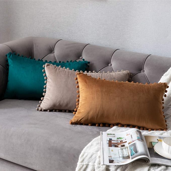 DEZENE Throw Pillow Cases 12x20 Golden Brown: 2 Pack Cozy Soft Pom-poms Velvet Rectangular Decorative Pillow Covers for Farmhouse Home Decor