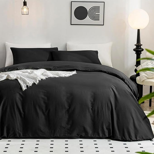 JELLYMONI Cotton Duvet Cover Twin Size - 100% Washed Cotton Linen Feel Textured Comforter Cover, 2 Pieces Breathable Soft Bedding Set with Zipper Closure(Black,Twin 68"×90")
