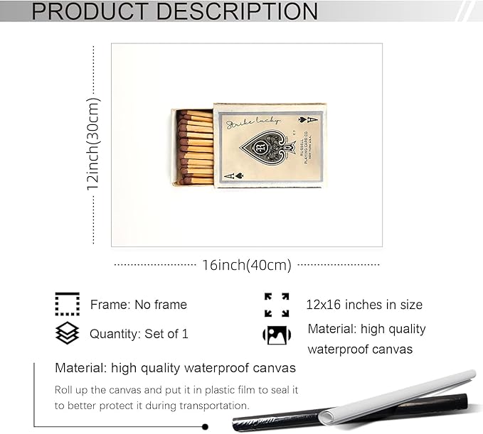 XSCQ Retro Matches Poker Canvas Posters Vintage Ace of Spades Playing Cards Matchbox Wall Art Trendy Preppy Wall Decor Funky Aesthetic Prints for Living Room 12x16 inch Unframed