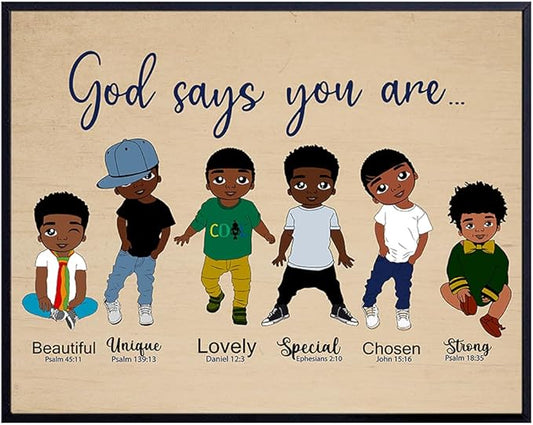 African American Boys Wall Art LARGE 11x14 - Christian Gifts - Bible Verse - Religious Wall Decor for Boys Room - Scripture Wall Art - Black Art - Inspirational Quotes - Bedroom Decor - God Wall Decor