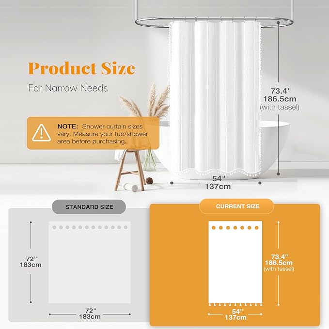 BTTN Stall Fabric Shower Curtain - 54x72 Inches Boho Linen Weighted Striped Shower Curtain Set with 10 Hooks, Narrow Rustic Modern Farmhouse Neutral Thick Cloth Shower Curtains for Bathroom - White