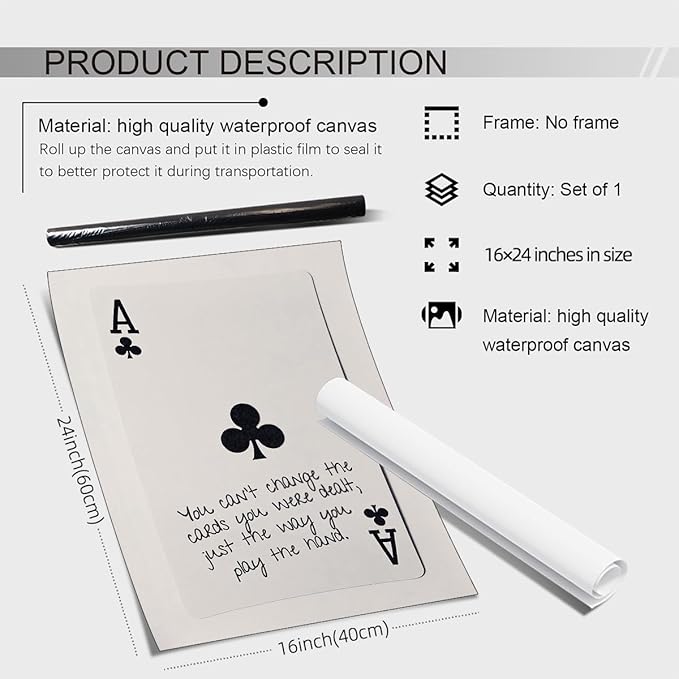 XSCQ Funky Black and White Lucky Ace Poker Canvas Wall Art Funny Modern Preppy Playing Card Posters Trendy Minimalist Black Art Prints Painting Retro Aesthetic Wall Decor 16x24 inch Unframed