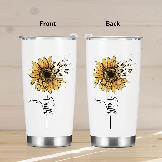 Sunflower Gifts for Women Tumbler, Positive Butterfly Christian Gifts Birthday Christmas, Faith Religious Gifts Coffee Mug Stainless Steel Vacuum Insulated Double Wall Travel Cup with Lid，20oz