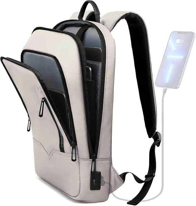 hk Backpack for Men Business Slim Backpack with USB Charger Computer Lightweight Anti-theft Travel (White, 17.3 Inch)