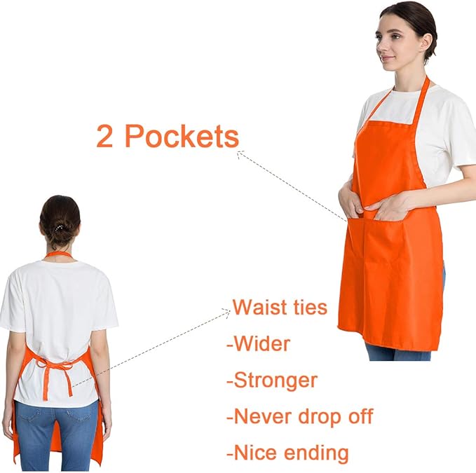Total 6PCS Plain Color Bib Apron Adult Women Unisex Durable Comfortable with 2 Front Pocket Washable Chef for Cooking Baking Kitchen Restaurant Crafting Orange