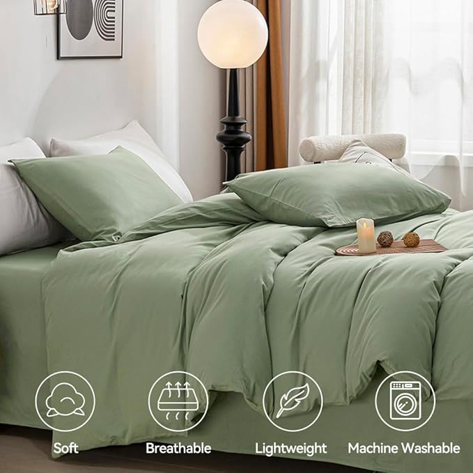 JELLYMONI Light Green Duvet Cover King Size - 100% Washed Cotton Linen Like Textured Comforter Cover, 3 Pieces Breathable Soft Bedding Set with Zipper Closure (Light Green, King 104"x90")