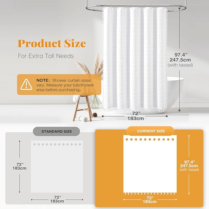 BTTN Extra Long Shower Curtain, 72x96 Inch Long Boho Chic Linen Fabric Heavy Duty Shower Curtain Set with Plastic Hooks, Tall Modern Farmhouse Aesthetic Tassel Cloth Shower Curtain for Bathroom, White