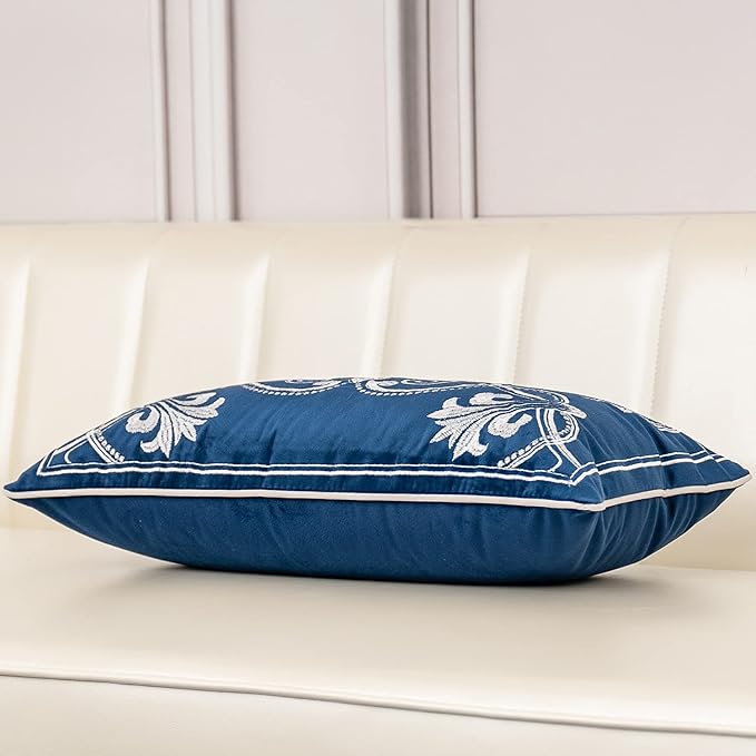 Aeckself European Floral Pillow Cover 12x20 Inch, Luxury Velvet Embroidered Decorative Lumbar Throw Pillow Cover for Couch Bedroom Living Room, Navy Blue and White