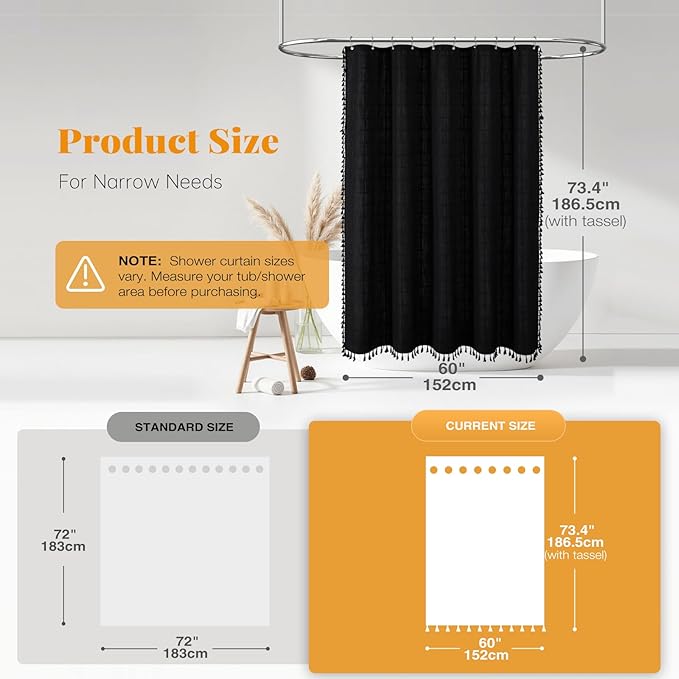 BTTN Stall Shower Curtain - 60 x 72 Inch Narrow Boho Farmhouse Linen Vintage Fabric Shower Curtain Set with 10 Hooks, Bohemian Country Decorative Heavy Duty Shower Curtains for Bathroom - Black