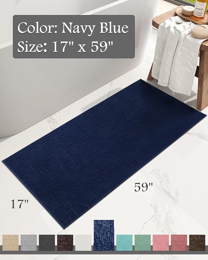 AMOAMI-Bath Mat-Absorbent Quick Dry Bathroom Floor Mats-Washable Rubber Backing Bath Mats for Bathroom Rugs Fit Under Door-Bath Rug for in Front of Sink Bathtub Shower Room, Navy 17''x59''