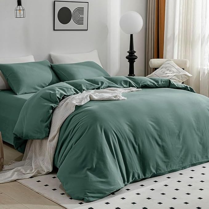 JELLYMONI Cotton Duvet Cover King Size - 100% Washed Cotton Linen Like Textured Comforter Cover, 3 Pieces Breathable Soft Bedding Set with Zipper Closure (Dark Green, King 104"x90")